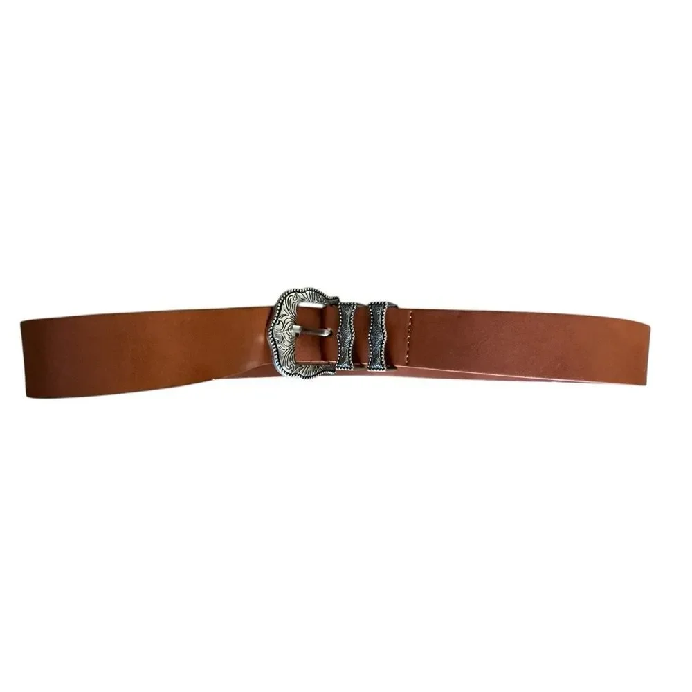 Western Style Leather Belt Silver Engraved Buckle Brown XS/S